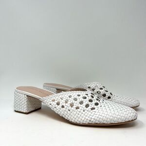 EUC Loeffler Randall Lulu Mule White Leather Woven Block Heel Sz 9